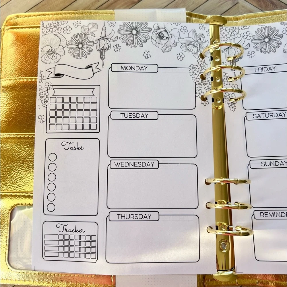 A5 Planner Binder inserts Non- dated Agenda 6-Ring weekly layout flowers